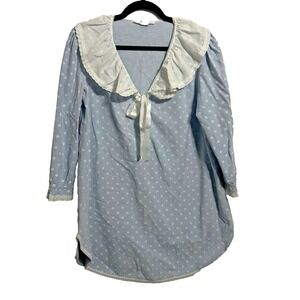 Dreamtime Vintage 70s  Prairie Dress Cottagecore Blue Polka Dots Cotton Small